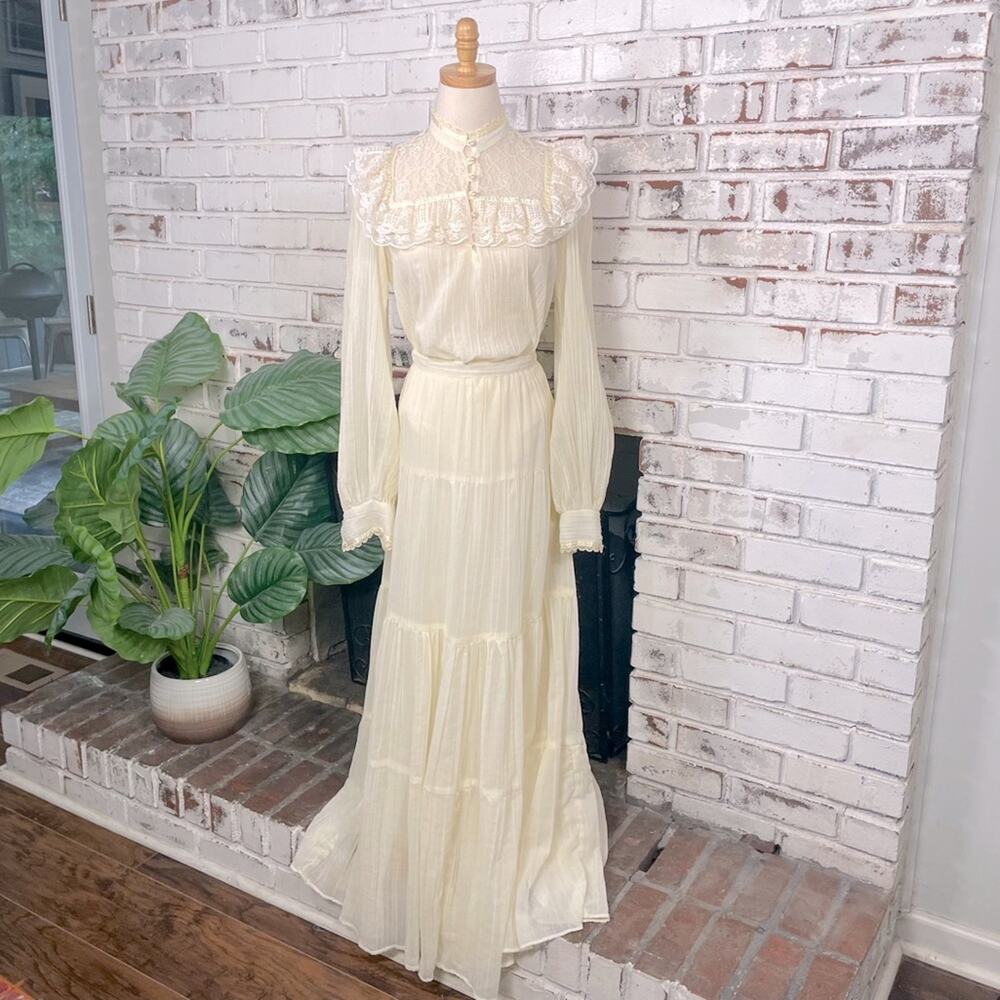Vintage 70s Jessica’s Gunnies Cream Lace Gauze Two Piece Skirt and Blouse Set